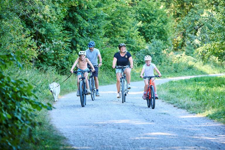 Eine Familie fährt mit Fahrrädern auf einem Waldweg, begleitet von einem Hund.