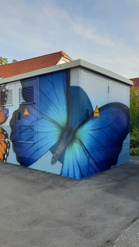 Ein grauer Stromkasten ist mit einem großen, blauen Schmetterling bemalt.